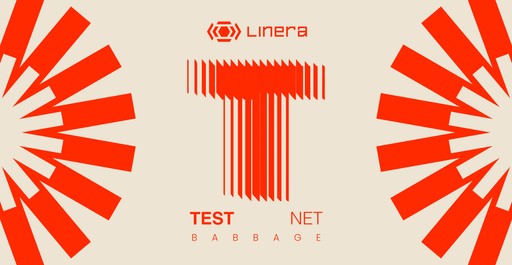 Stylized graphic for Linera’s Testnet Babbage launch. The center features a large red abstract “T” made of repeating vertical bars, symbolizing “Testnet.” Above the T is the Linera logo and name in red. On both sides are radial bursts of red geometric shapes resembling sun rays. The words “TEST” and “NET” appear below the T in red, with “BABBAGE” spaced out underneath in a minimalist font. The background is light beige.
