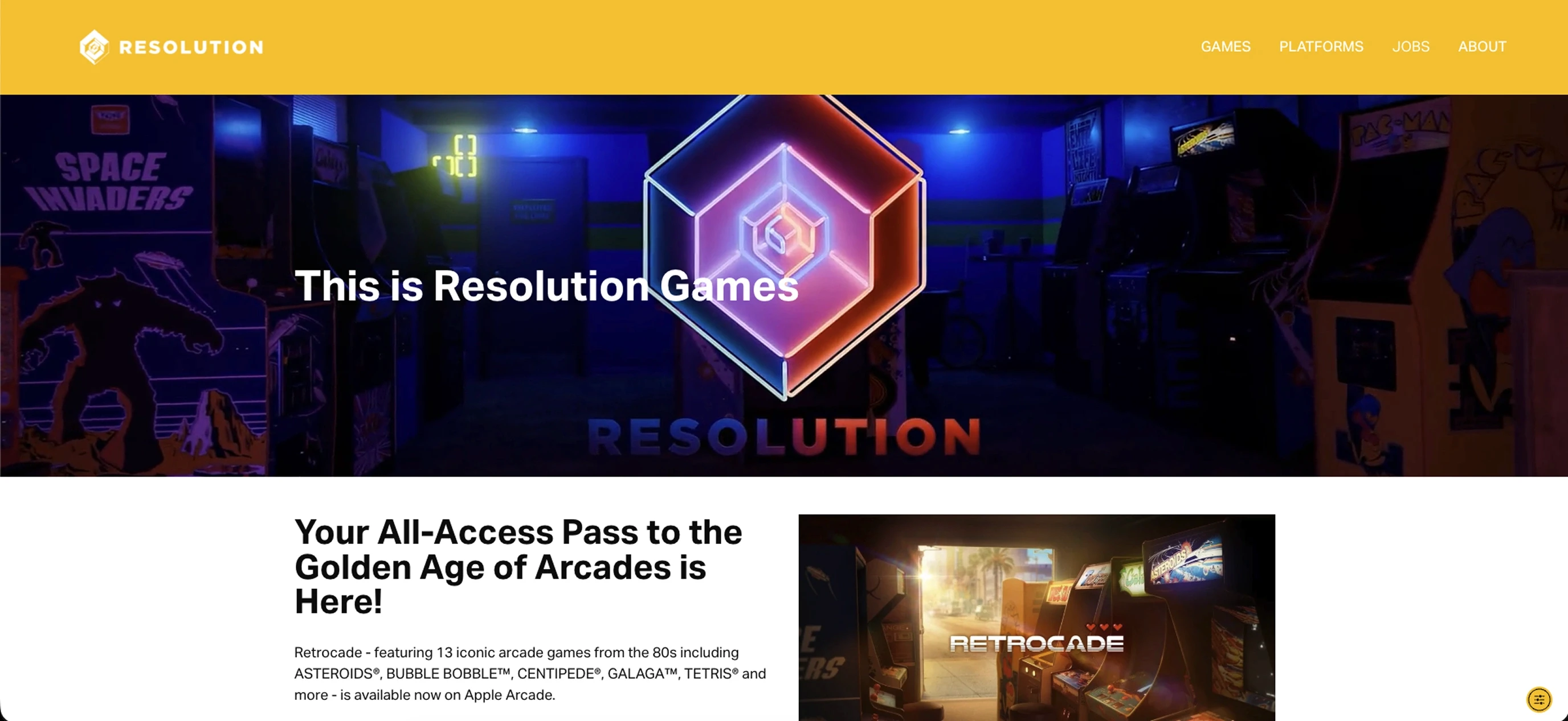 Resolution Games Unity VR studio homepage featuring the Retrocade game for Apple Arcade