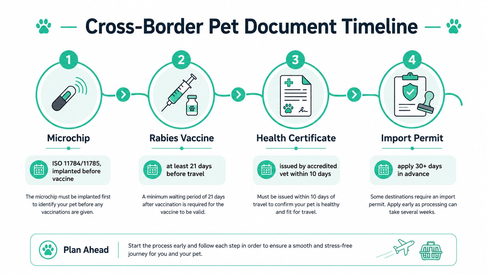 A four-step infographic showing the required documents for international pet travel, including microchip, vaccination, and permits.