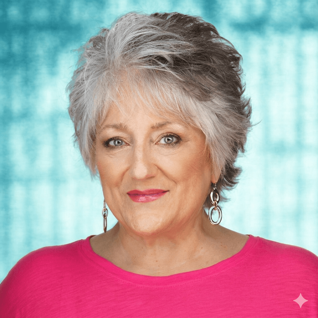 woman in pink, smiling toward the camera