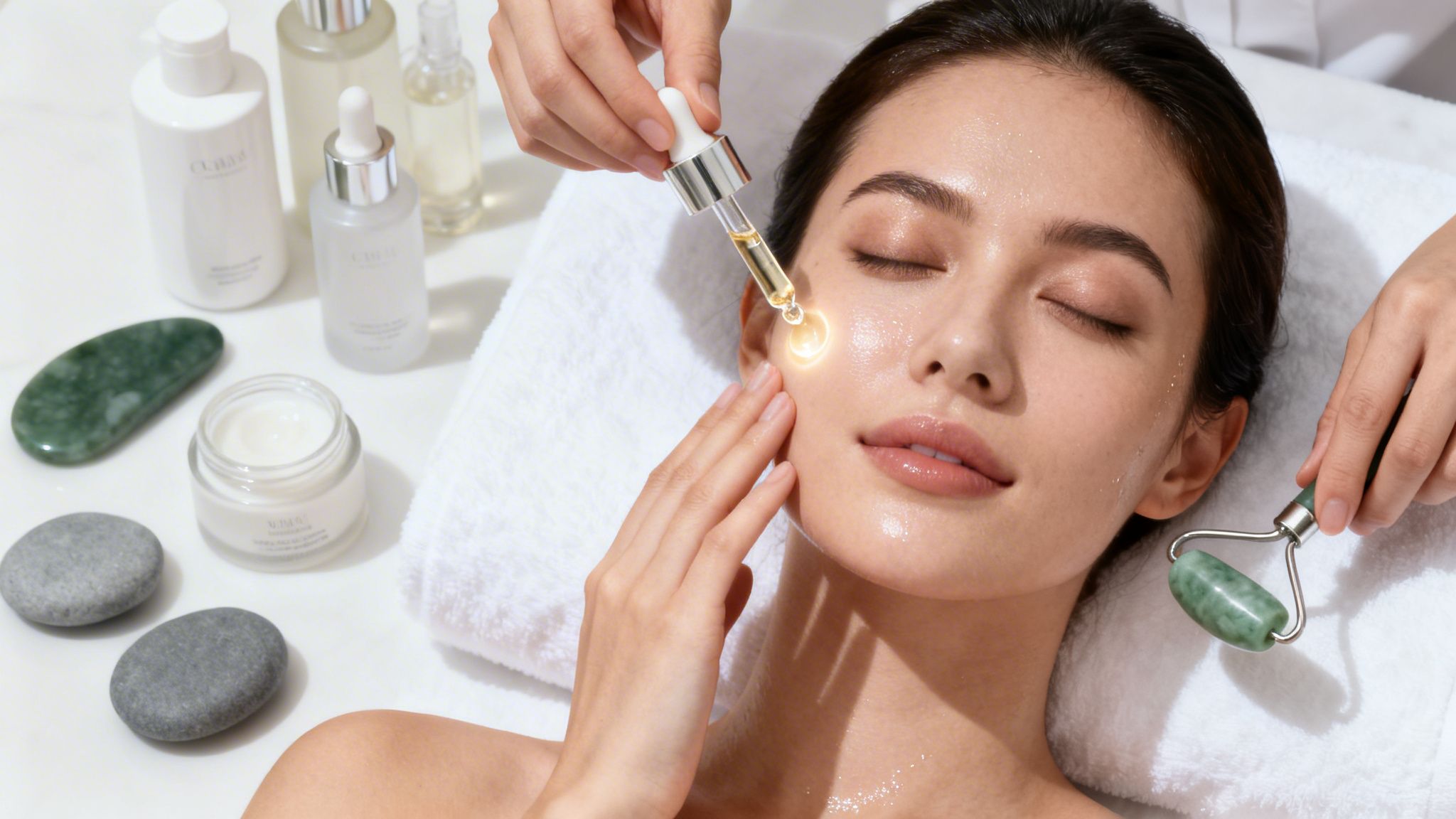 woman getting a facial with a jade roller