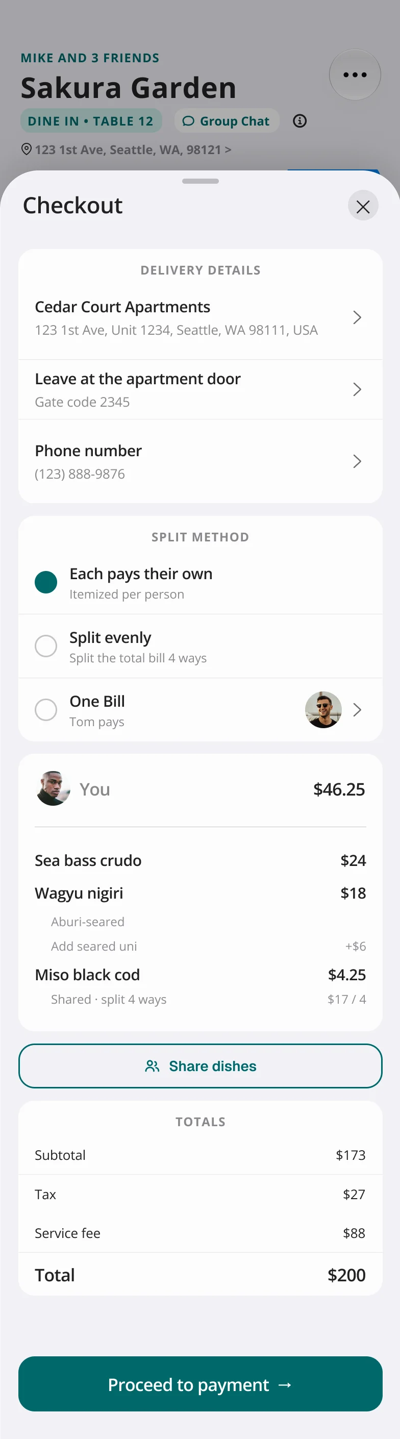 V1 checkout sheet for Sakura Garden: a Dine in, Table 12 header and Group Chat pill above delivery details, a split method block with Each pays their own selected, Split evenly and One bill below it, an itemized bill for You at $46.25, totals of $200, and a Proceed to payment button.