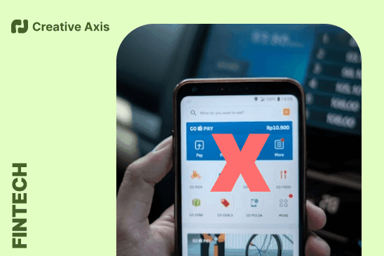 Smartphone displaying a payment app (GoPay) with a red 'X', Fintech context.