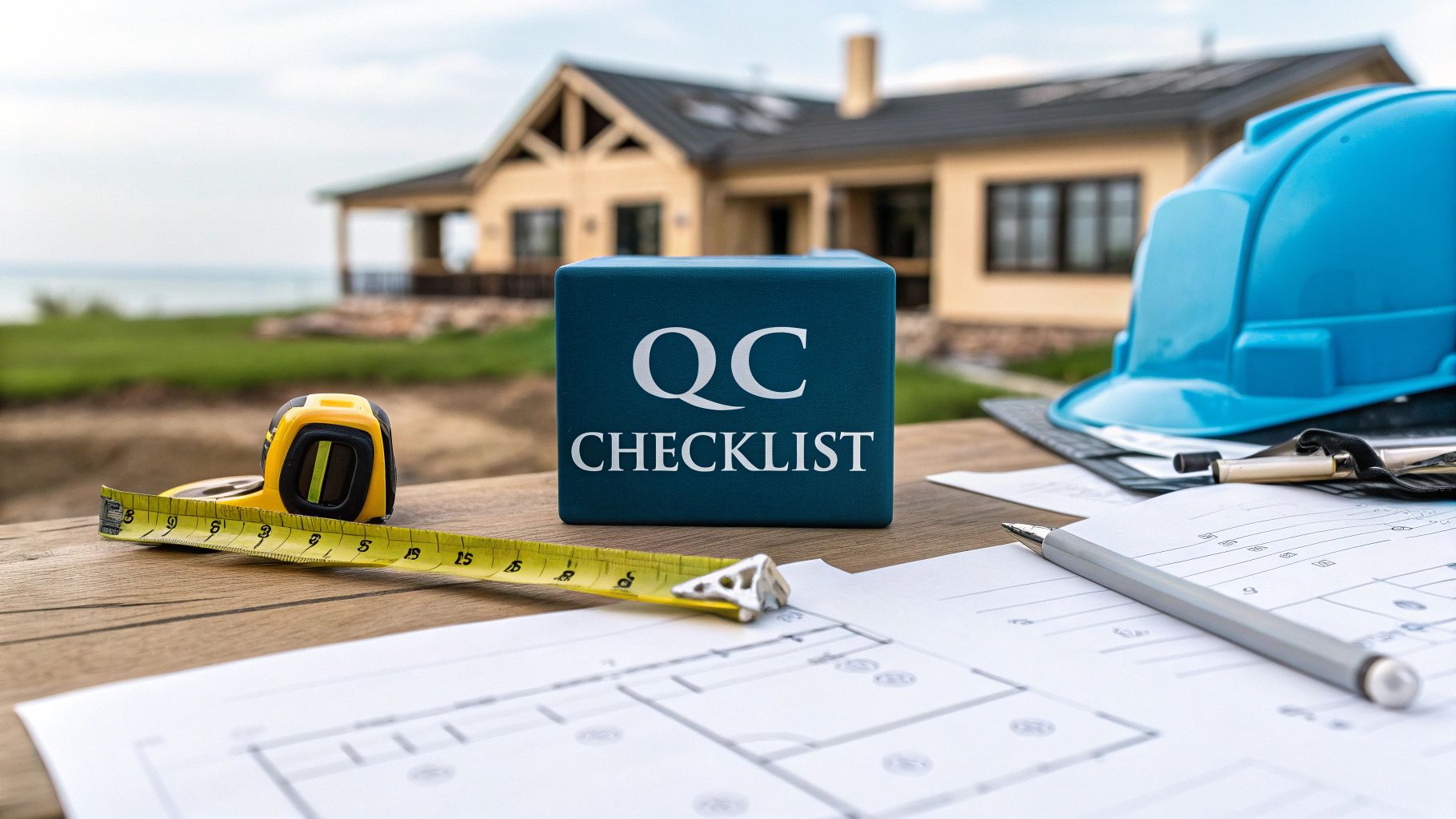 a workbench in front of a large home with a blue hardhat in the foregroun dand blue text box reading 'QC Checklist'