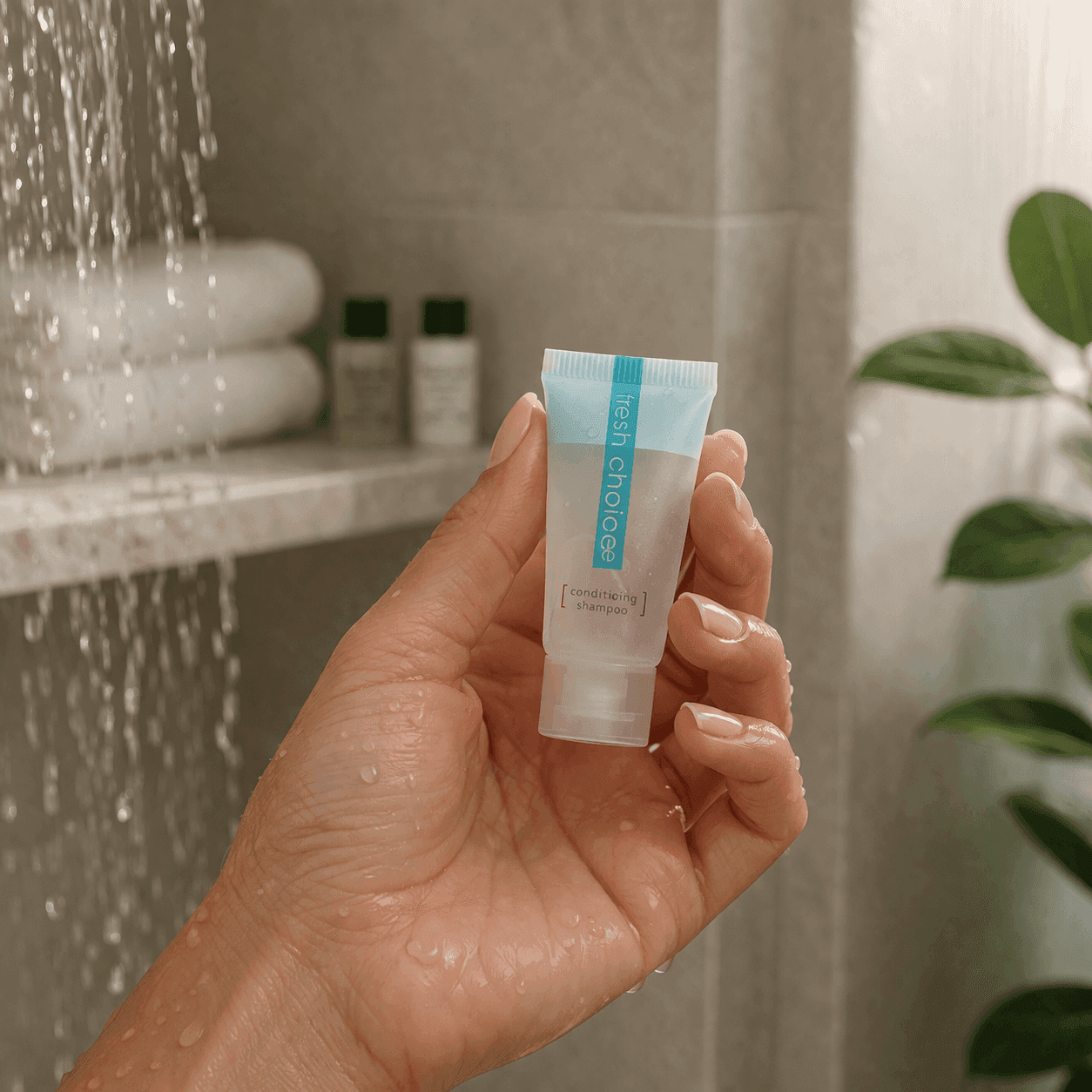 Fresh Choice conditioning shampoo by Transmacro Amenities being dispensed into hand in a hotel shower setting