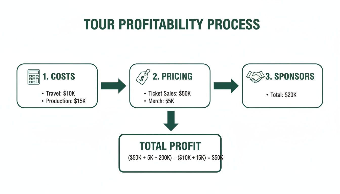 Flowchart illustrating a tour profitability process, detailing costs, pricing, sponsors, and final profit calculation.