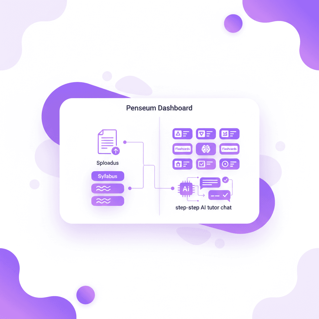 The Penseum dashboard showing an uploaded syllabus on one side, and the automatically generated flashcards and step-by-step AI tutor chat on the other.