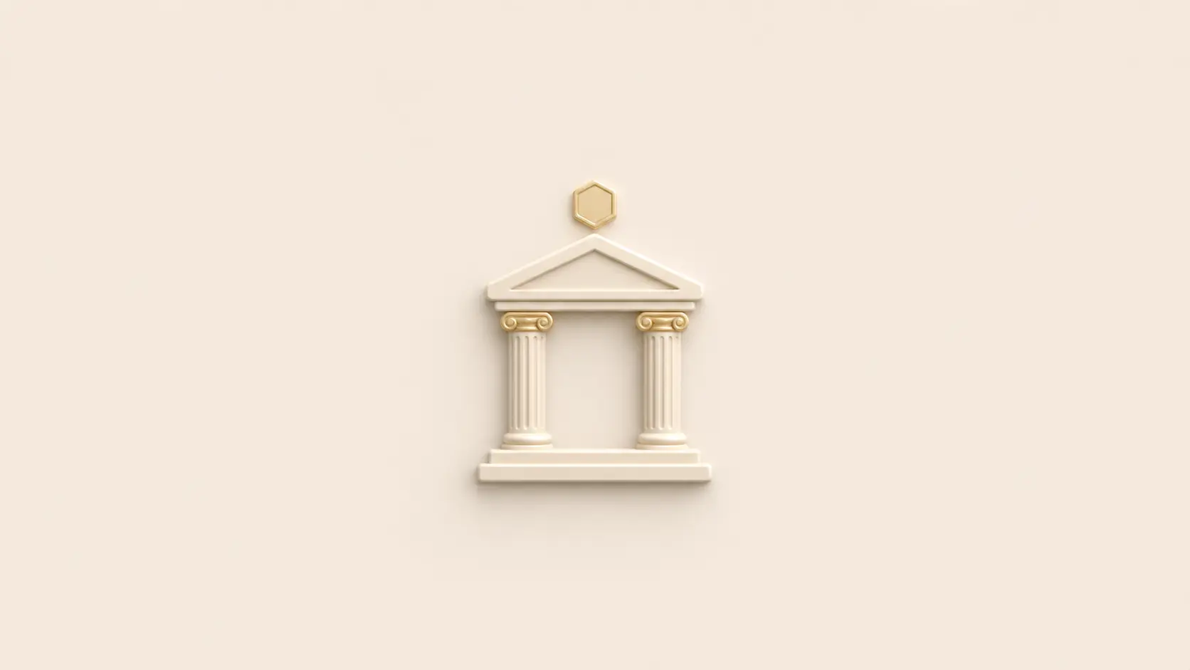 Neumorphic classical building with onchain hexagon on cream canvas representing traditional hedge funds entering DeFi vaults in 2026