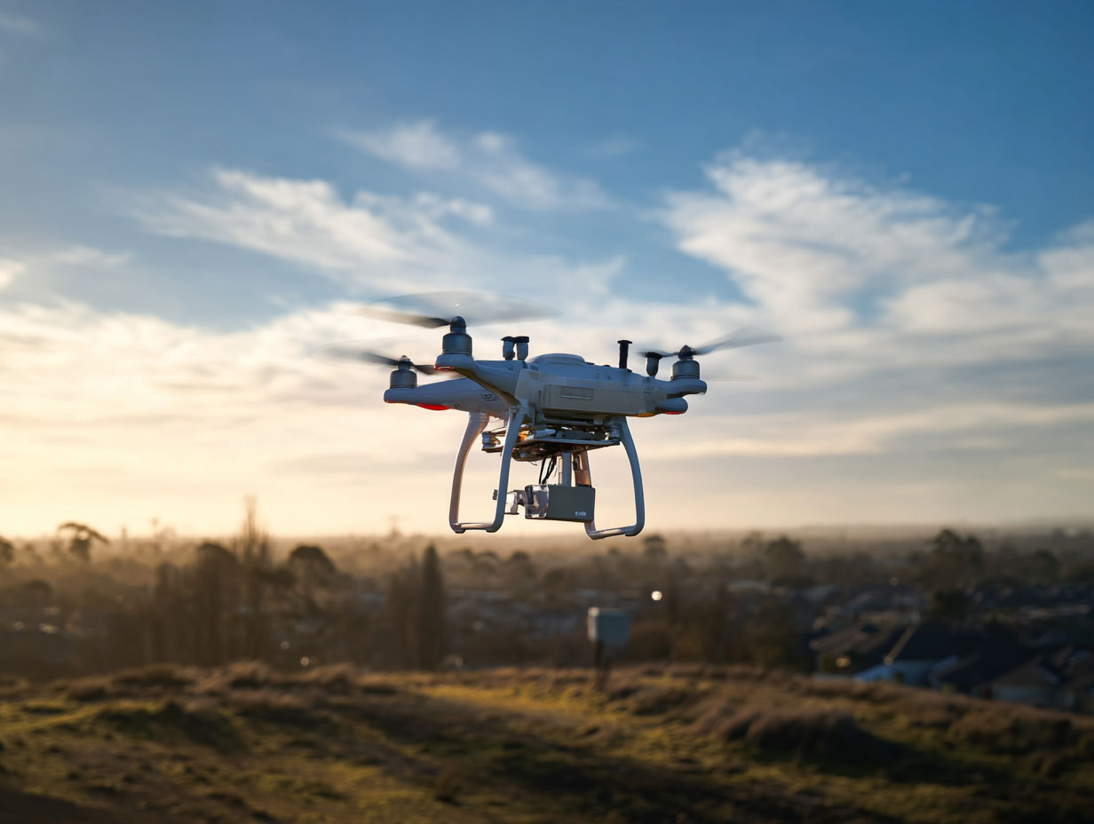 A professional land surveying drone flying over an expansive landcape.