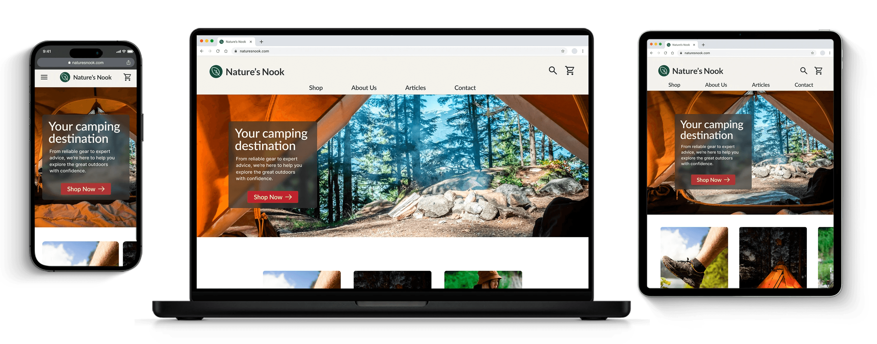 Mockups of a smartphone, a tablet, and a laptop pc displaying the homepage for Nature's Nook