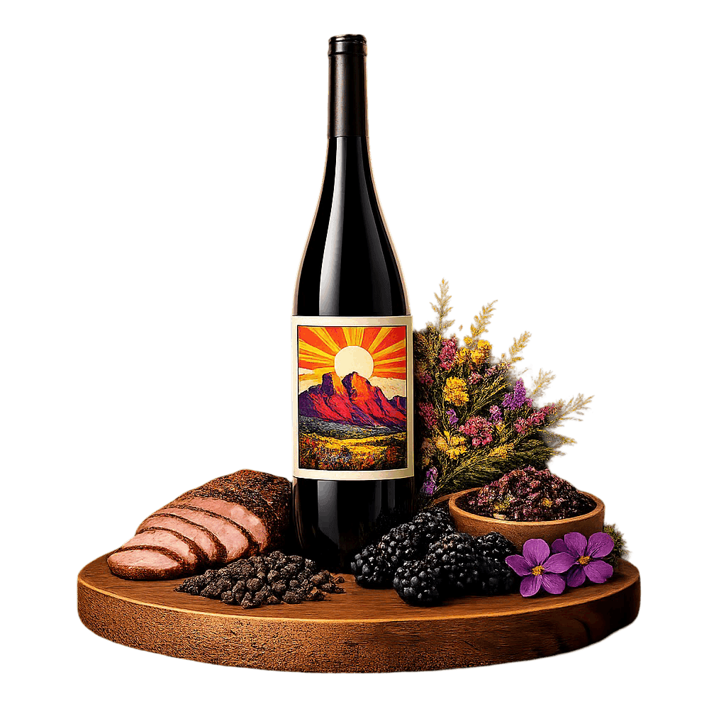 Artistic label and flavor profile for South African Swartland Red on a rustic wooden table.