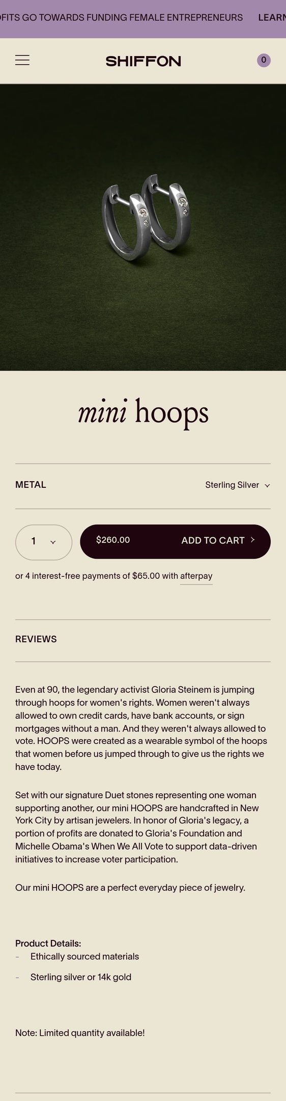 Jewelry product options include: earring for mini HOOPS from SHIFFON.