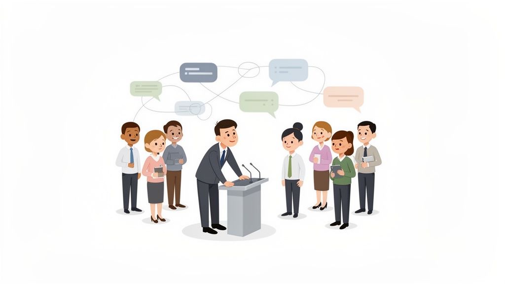 Diverse group listens to a speaker at a podium, with interconnected speech bubbles showing communication.