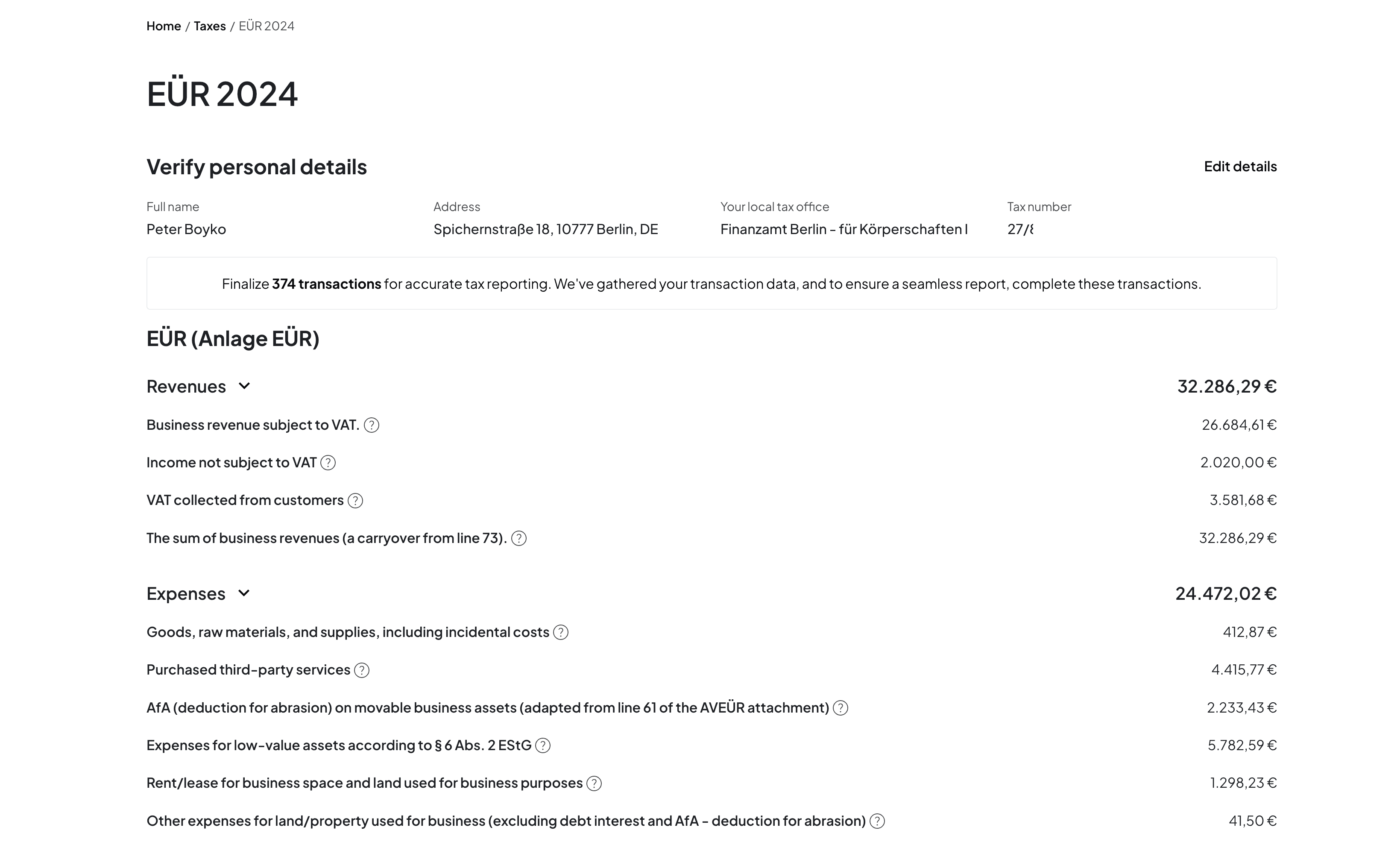 Example of an automated EÜR on Norman