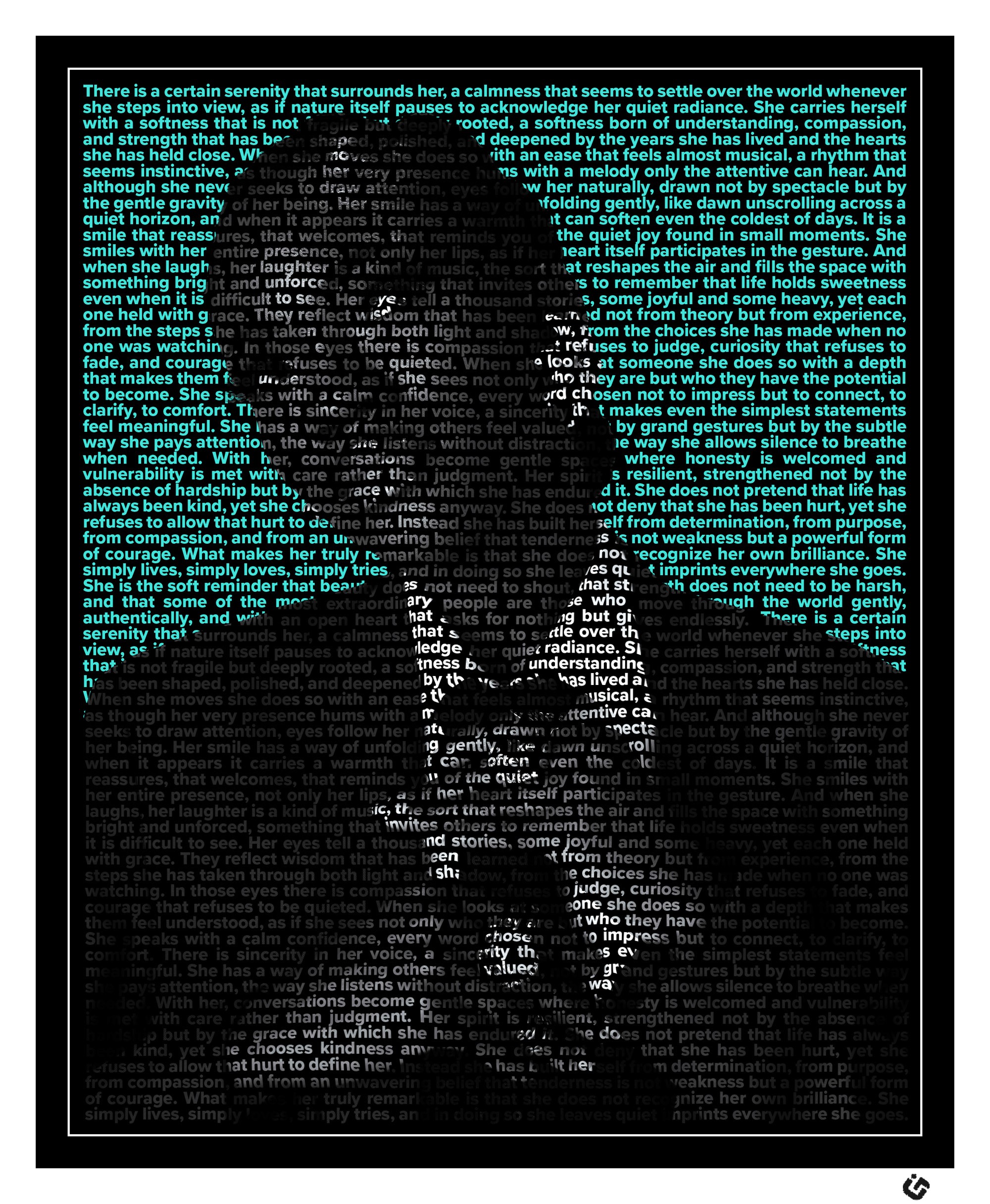 Custom text portrait of a woman smiling softly, formed from uplifting words of grace, strength, and resilience. Fine-art typographic print by U-Go Experience highlighting feminine calm and quiet power.