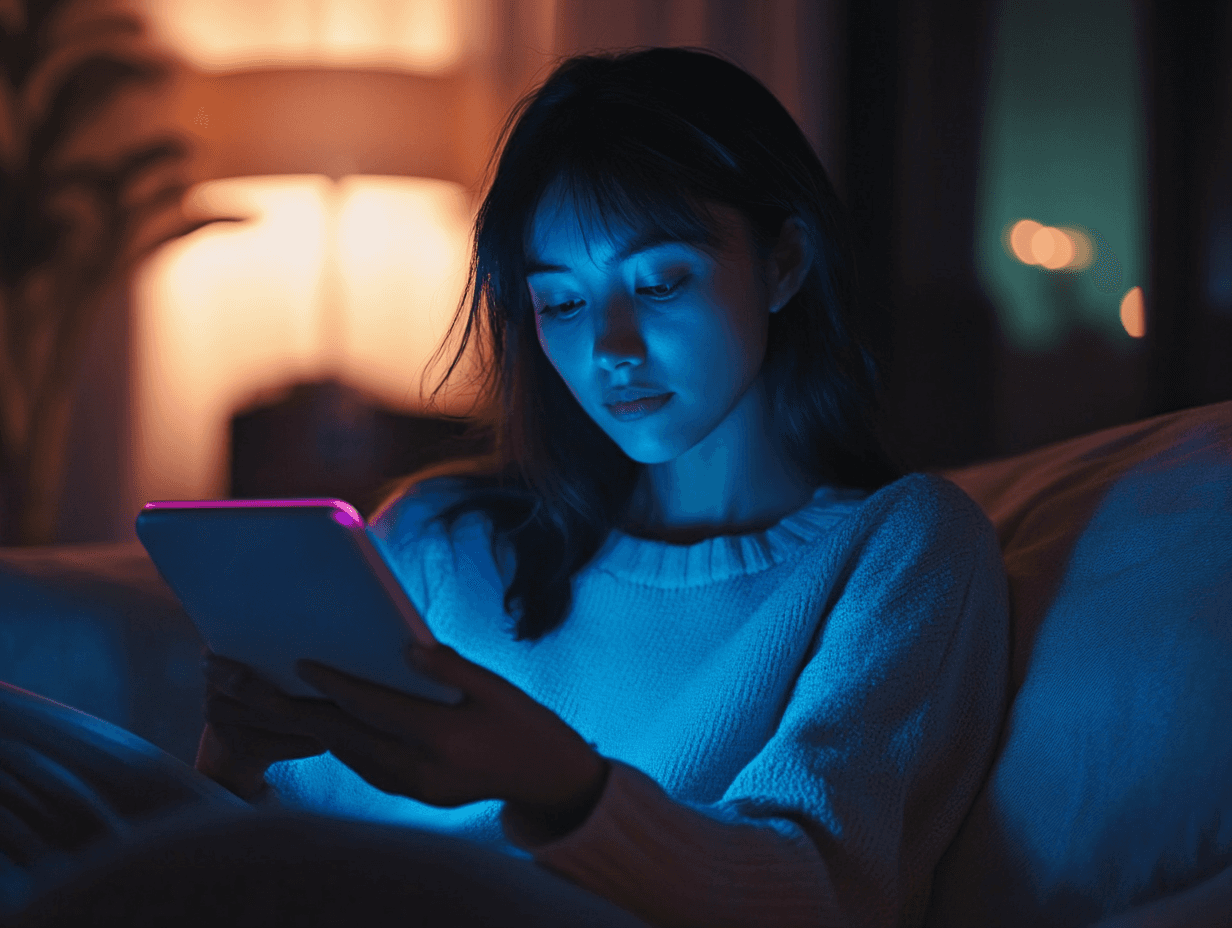 A woman reading a tablet in a dimly lit room, illuminated by the blue light from the screen, highlighting the impact of screen time on circadian rhythms and sleep health.