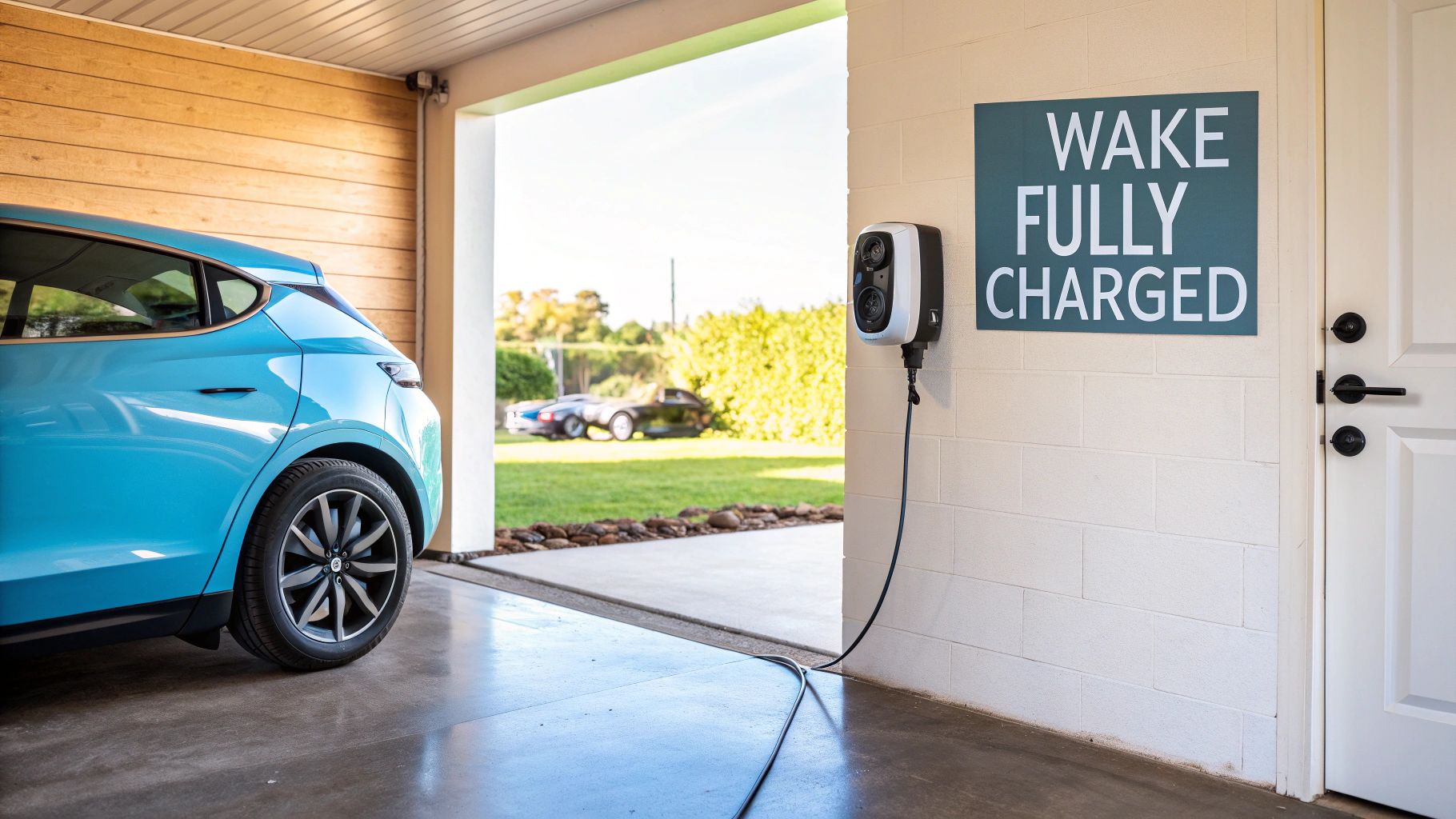 a blue electric vehicle in a garage with a blue poster on the wall with the text 'wake fully charged'
