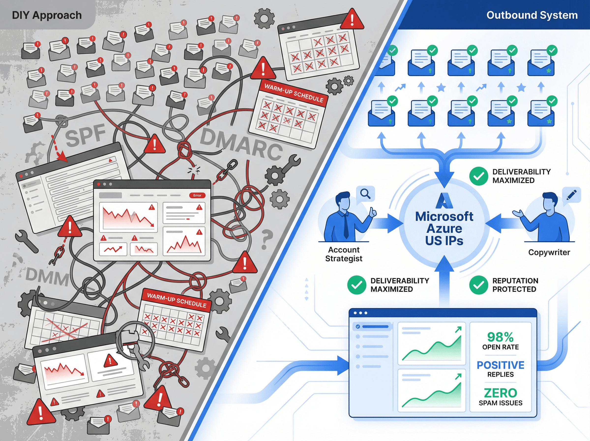 Split-screen comparison: DIY cold email chaos (tangled inboxes, DNS records, monitoring) vs Outbound System's managed infrastructure (organized, streamlined, professional)