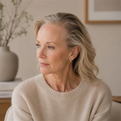 Vrouw met terugtrekkende haarlijn in een rustige medische setting, passend bij frontal fibrosing alopecia.