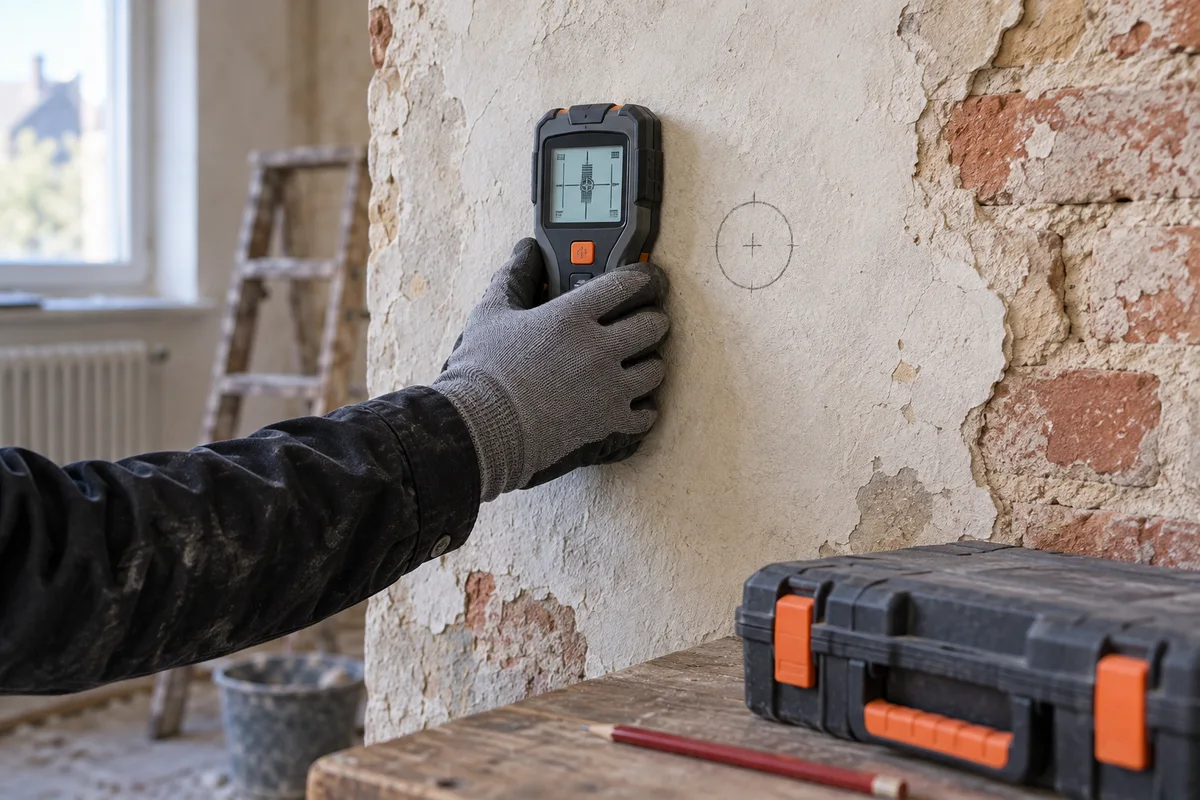 KI-Illustration: Hand mit Leitungssuchgerät an einer alten Putzwand neben einer markierten Bohrposition.