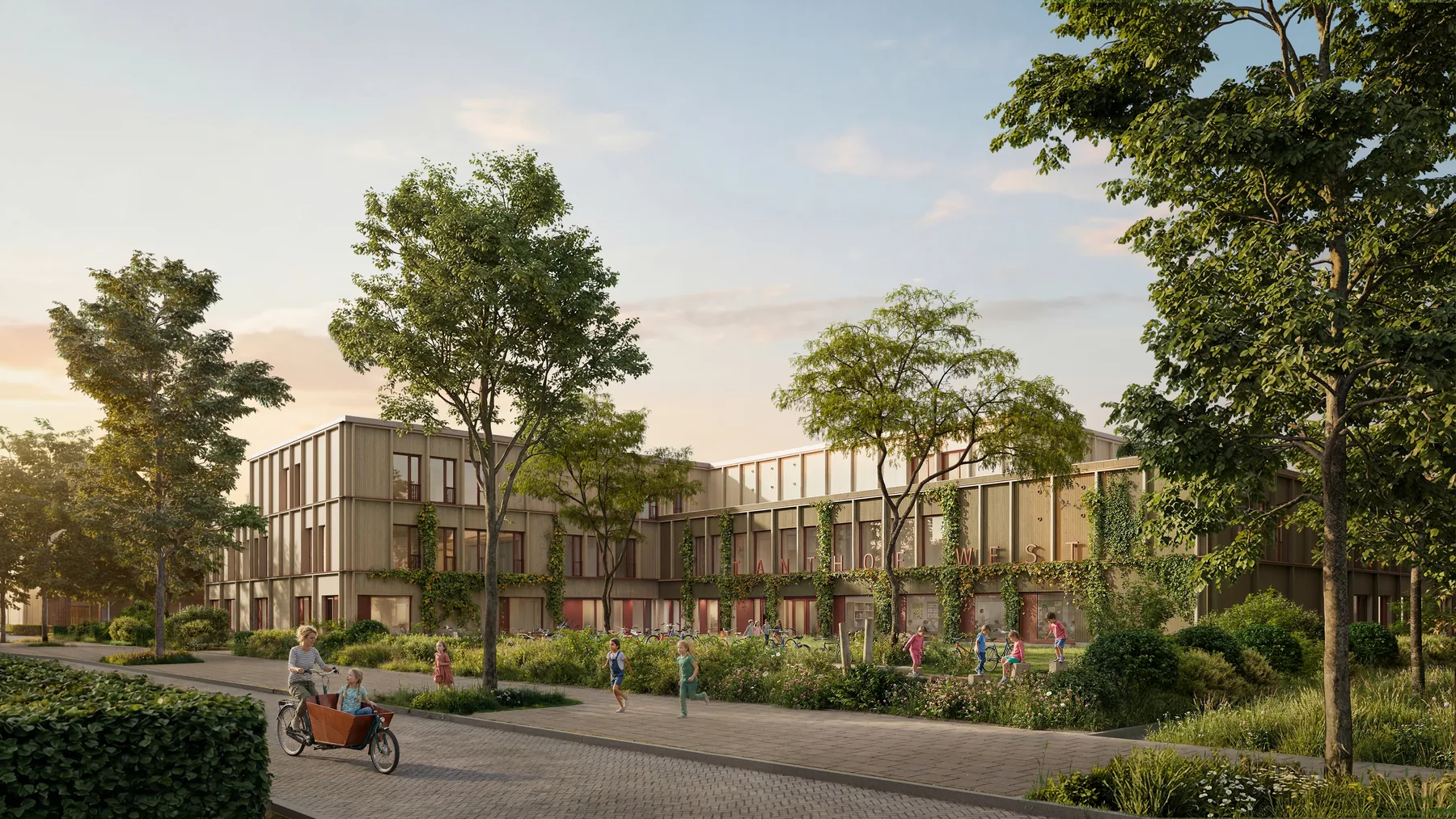 School courtyard with covered entrance and children's play area — educational building CGI
