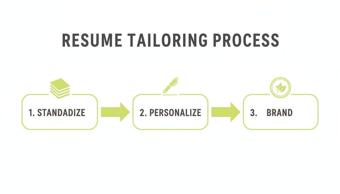 Flowchart illustrating the three-step resume tailoring process: Standardize, Personalize, and Brand, with icons.