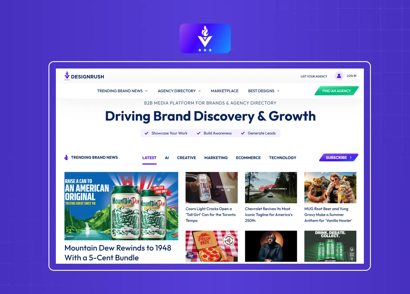 Agency discovery platform showcasing creative agencies, industry news, and featured design work. 