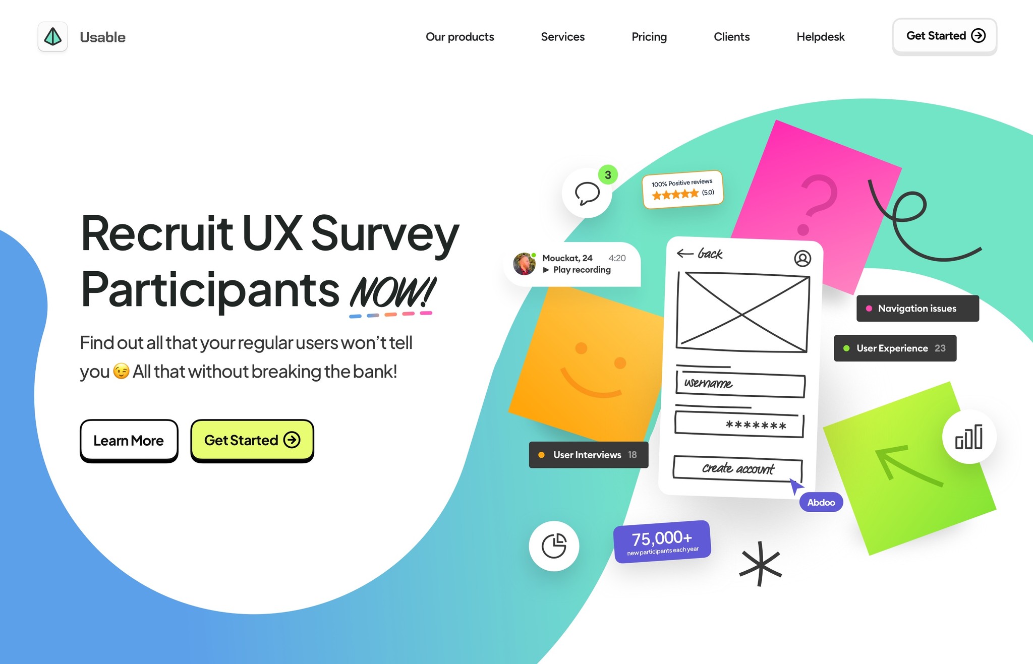 A website design for a recruit UX survey participants, that finds out all the information that the regular users of apps won't tell you, with a gradients and quitky illustrations