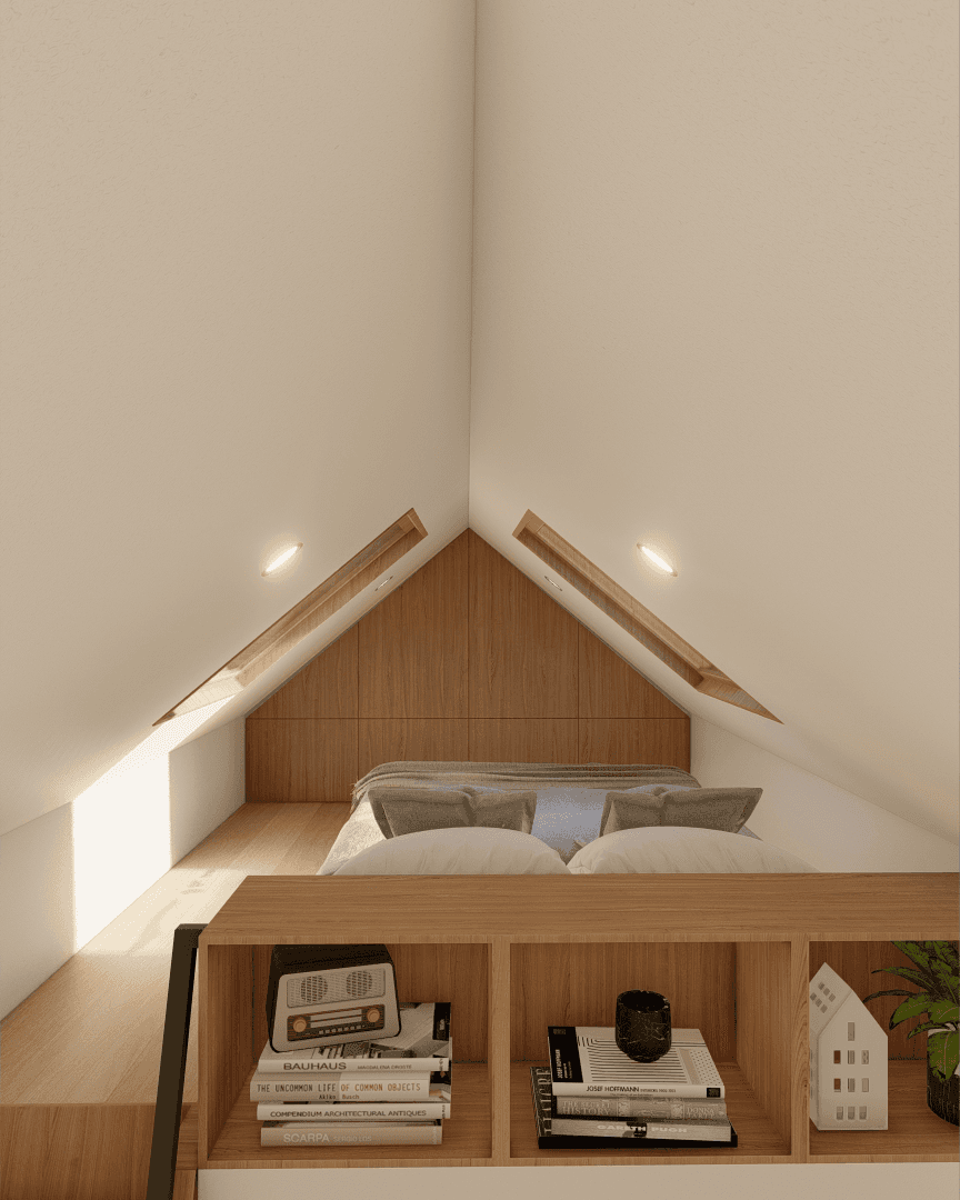 Nordic House 7m/24ft loft tiny house bedroom with skylights