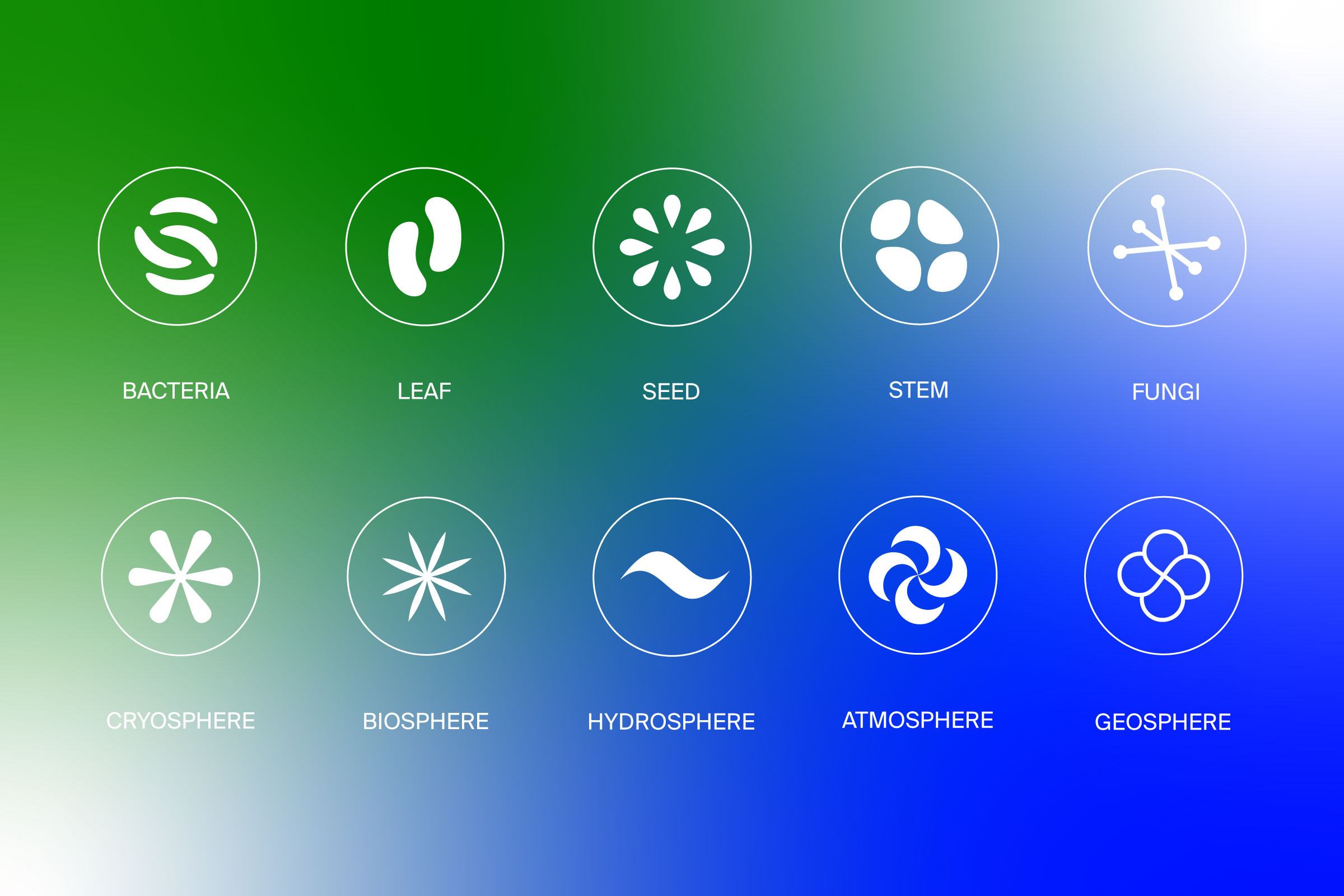 Digital ecosystem: A grid of 10 minimalist circular icons representing different environmental macro and micro elements.