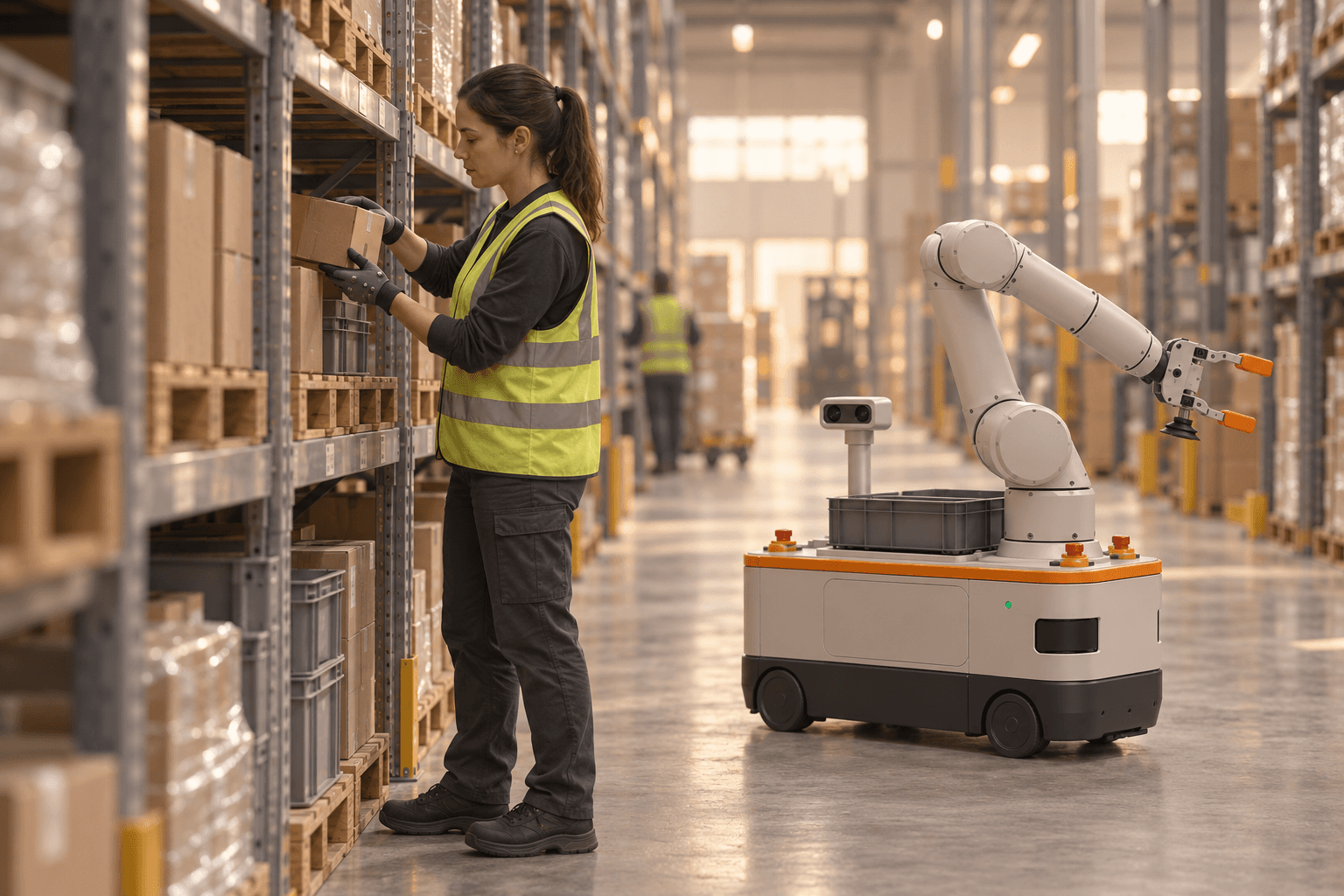 A worker in a sensor glove picking a box while Ridge watches her hands