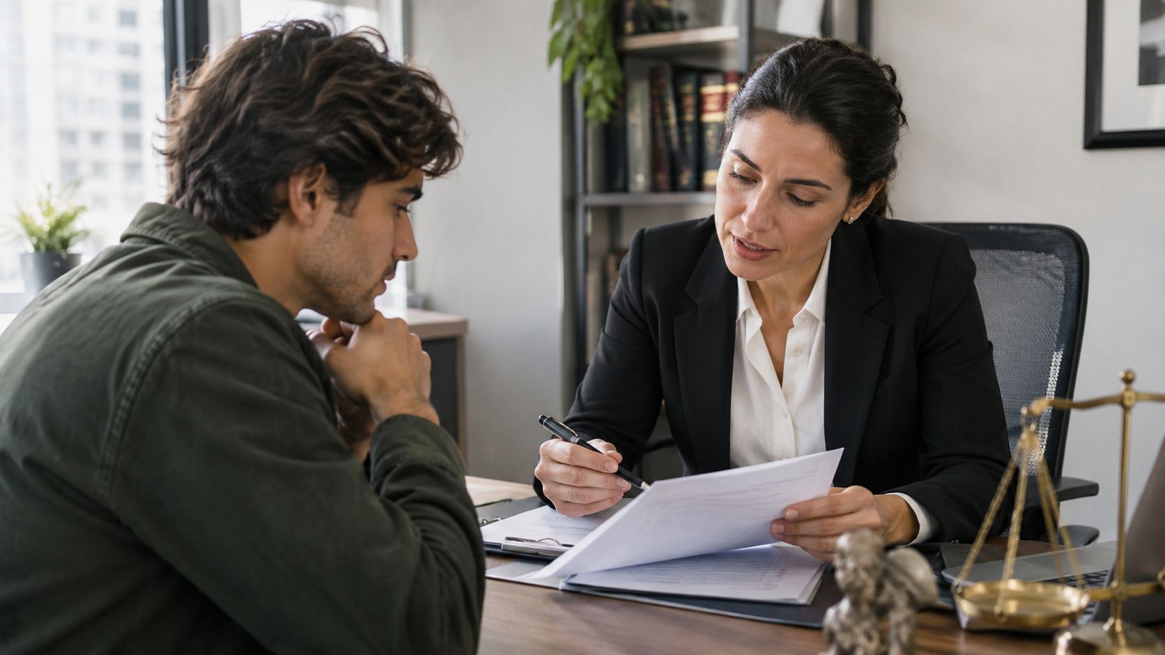 A client meeting with a lawyer in an office to discuss a legal case and review documents.