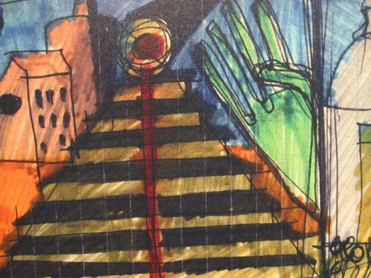 A colorful blue, red, green and yellow sketch of a pyramid structure near some buildings.