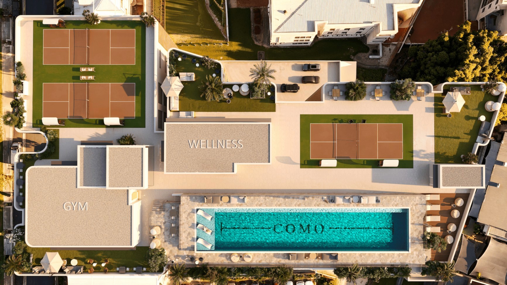 Aerial view of COMO Varsity Lakes amenities including pool, gym, wellness area and pickleball courts