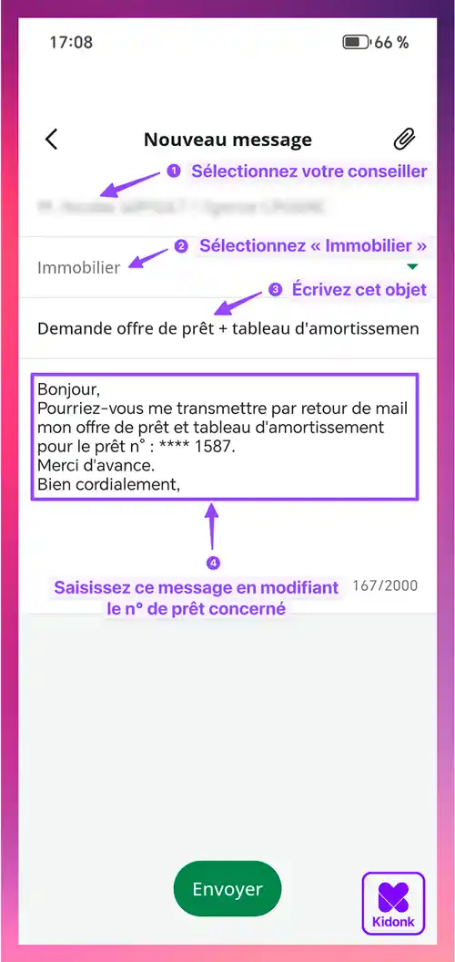 Application mobile BNP Paribas affichant un message pour récupérer son offre de prêt et tableau d'amortissement