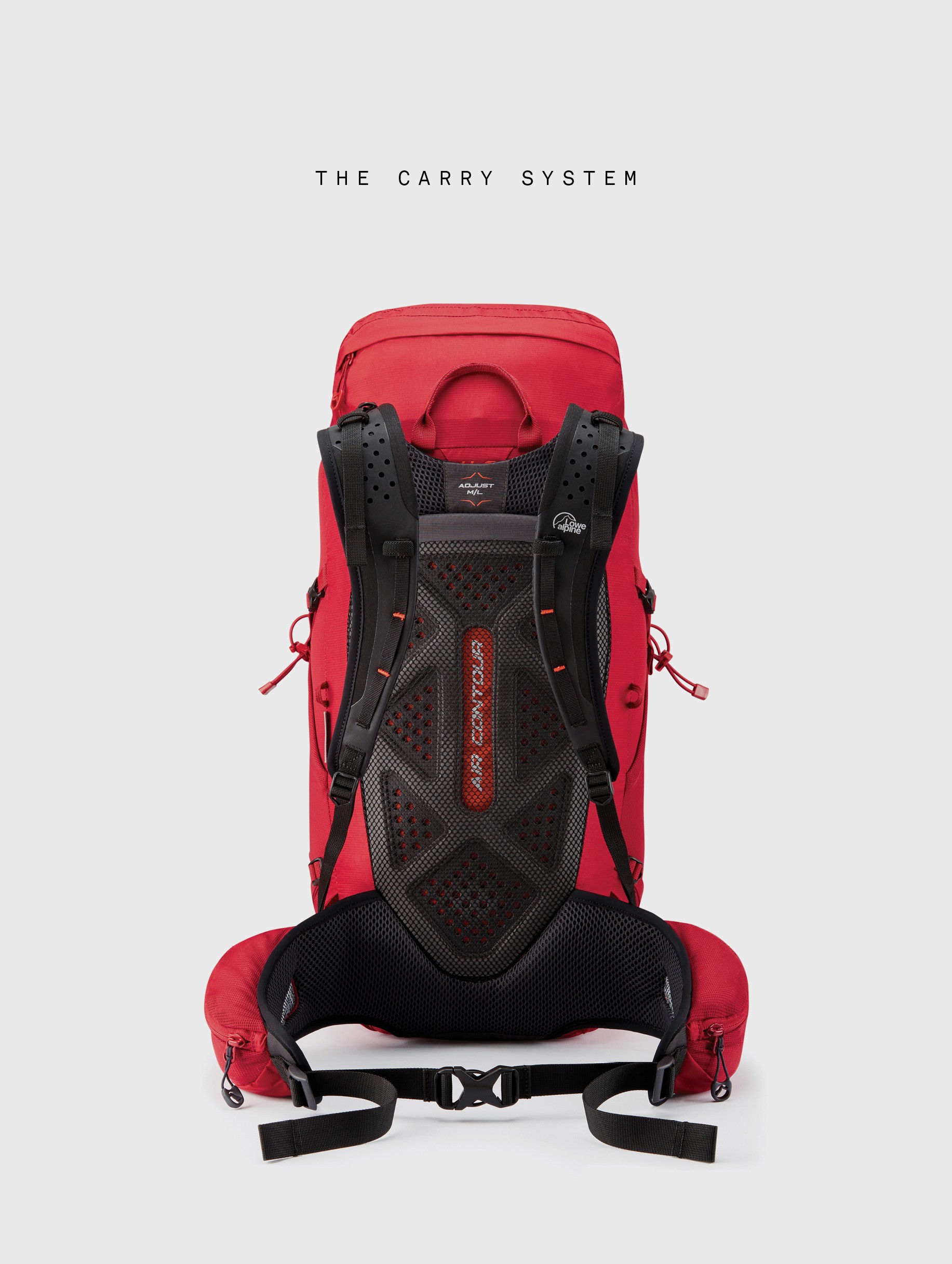 Rear view of Lowe Alpine Aeon carry system with ventilated Air Contour back panel and adjustable harness.