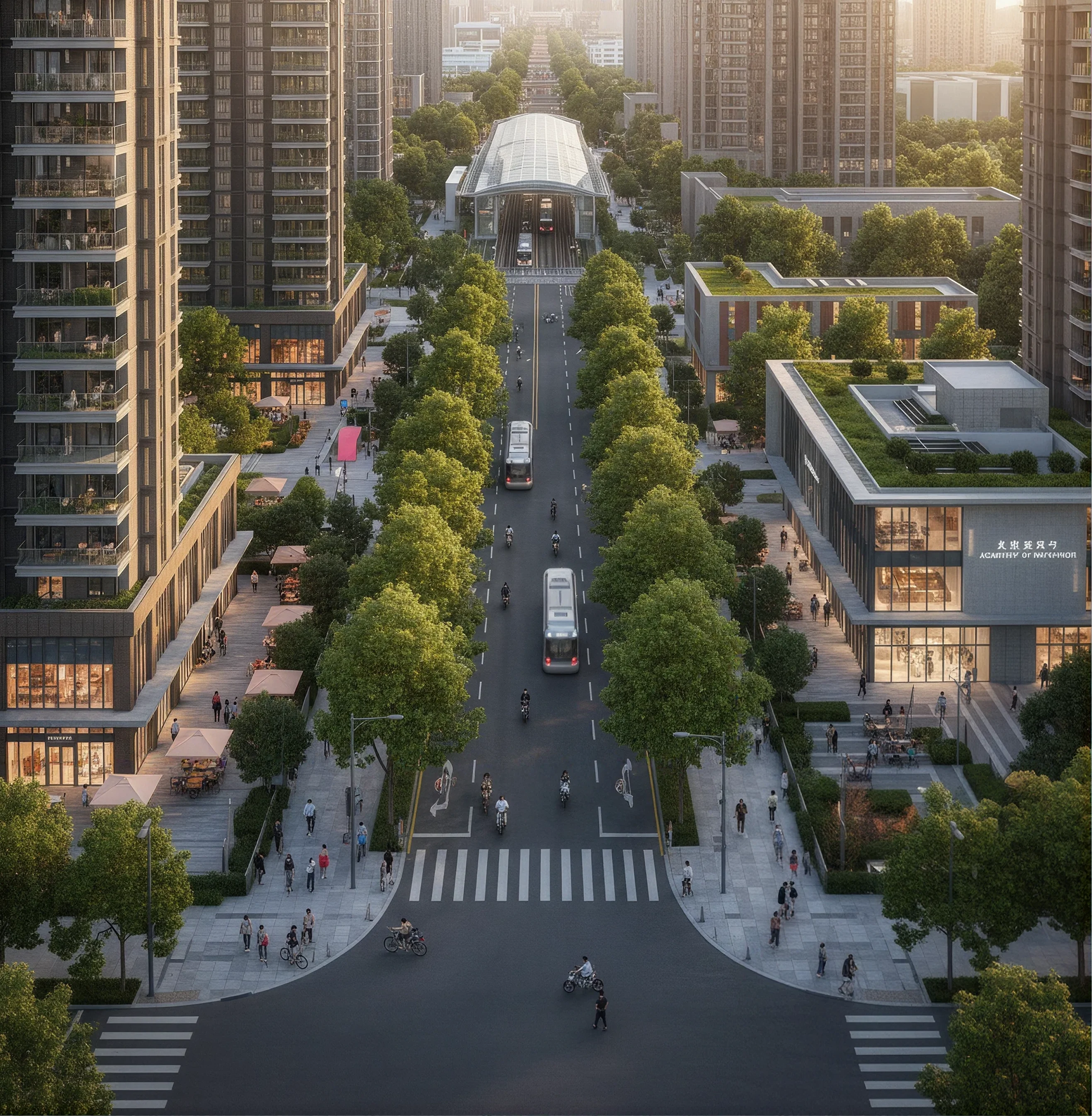 Tree-lined city boulevard with apartment buildings, pedestrians, cyclists, buses, and a covered transit station.