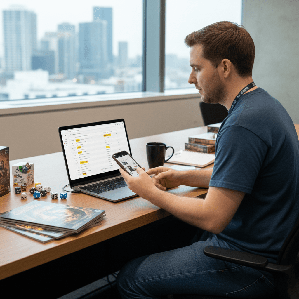 GAMA EXPO 2026 trade show floor featuring board game publishers and retailers networking, supported by Habsy business card and badge scanning app.