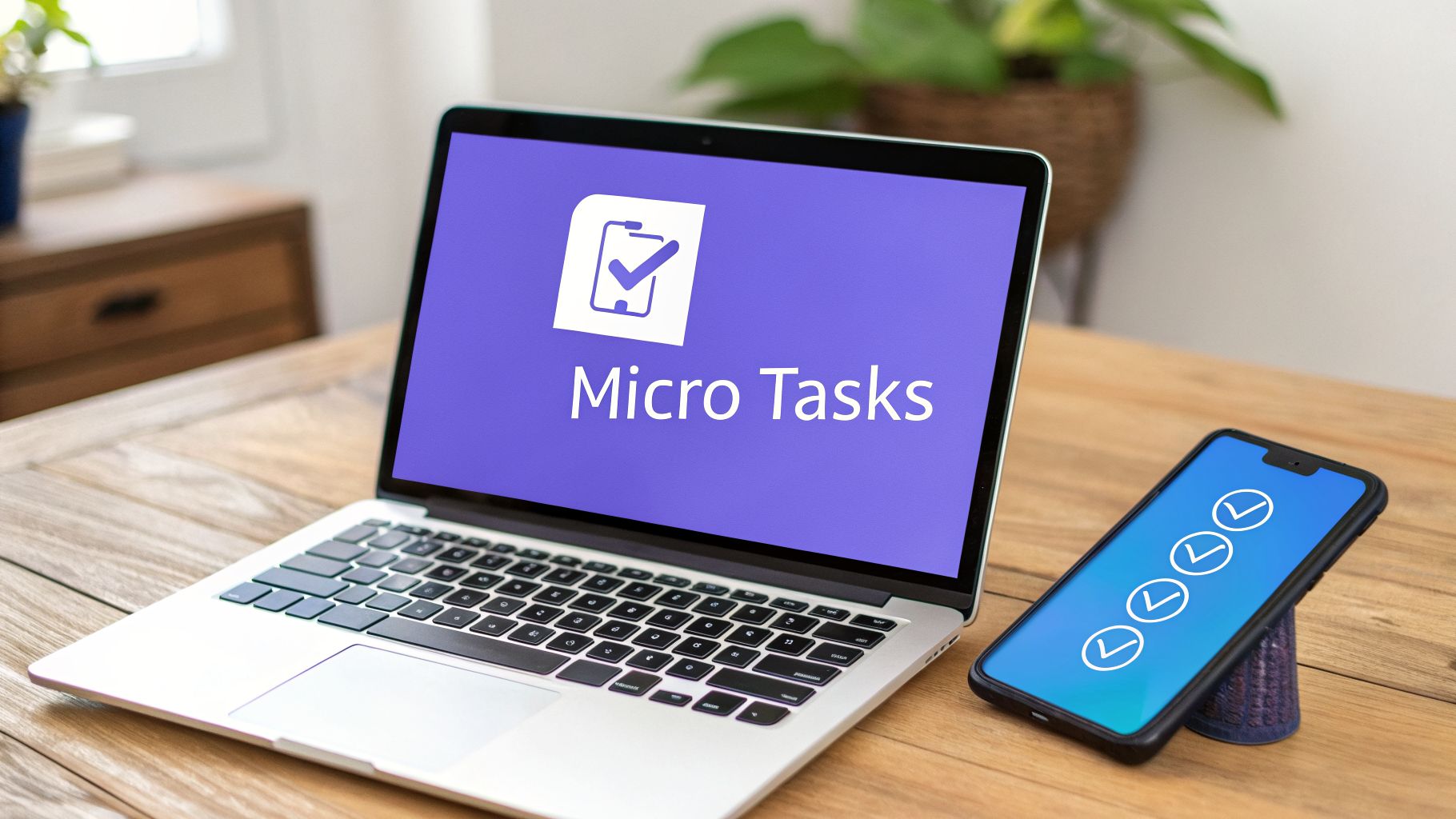 Laptop displays 'Micro Tasks' app, a smartphone shows a checklist, both on a wooden desk.