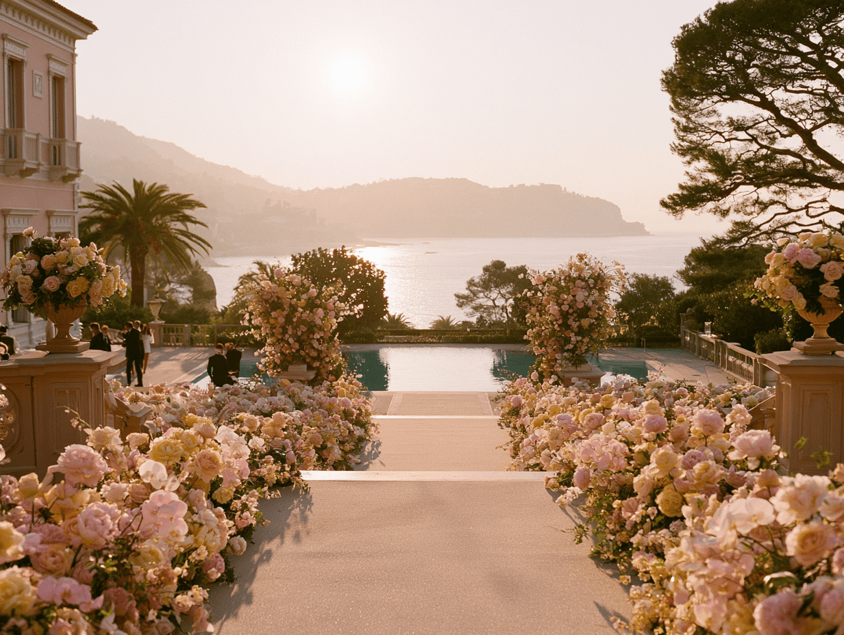 Luxury wedding ceremony decorated with cascading flowers