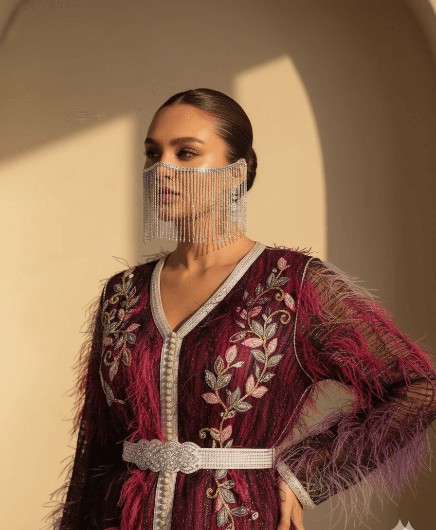 Deep burgundy Moroccan caftan with feather texture and embroidery, luxury handmade caftan Bahrain