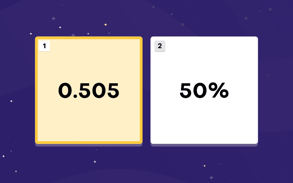 Talamo test screen, Symbolic Magnitude (Size): two cards, 0.505 and 50%, with 0.505 selected as the bigger number.