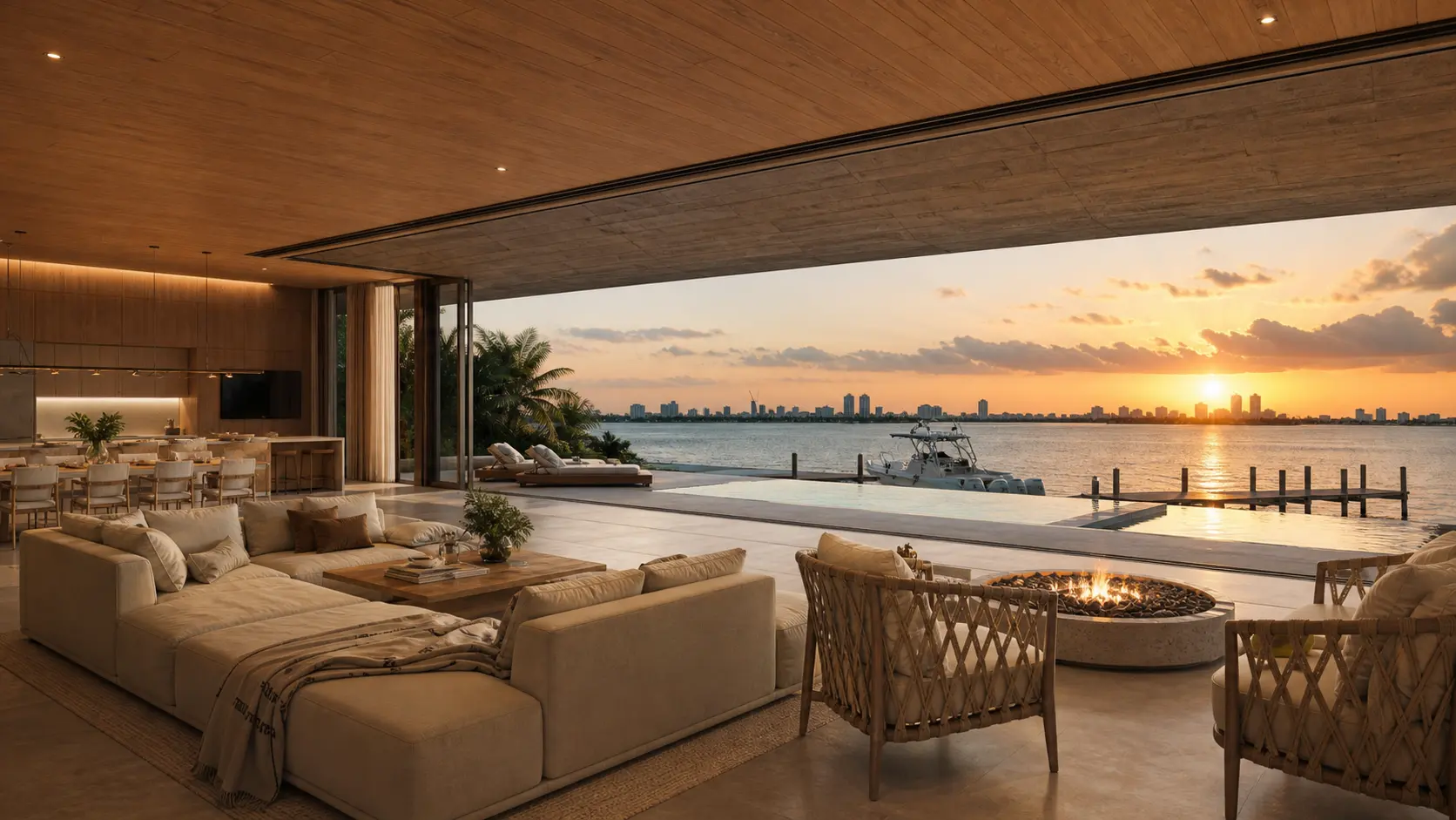 Open-concept luxury living room with sectional sofa and fire pit overlooking infinity pool, private dock, and waterfront sunset views with city skyline