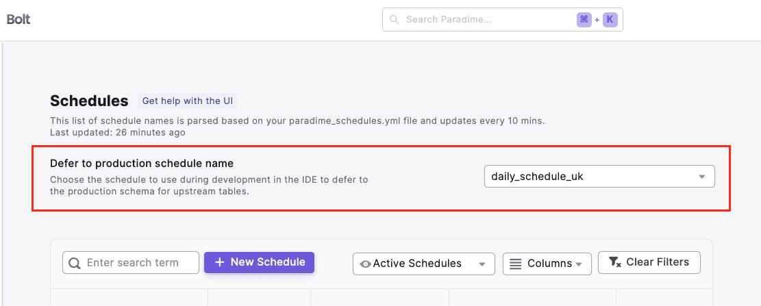 Set production schedule to use for deferral | Paradime | Analytics Engineering using dbt™