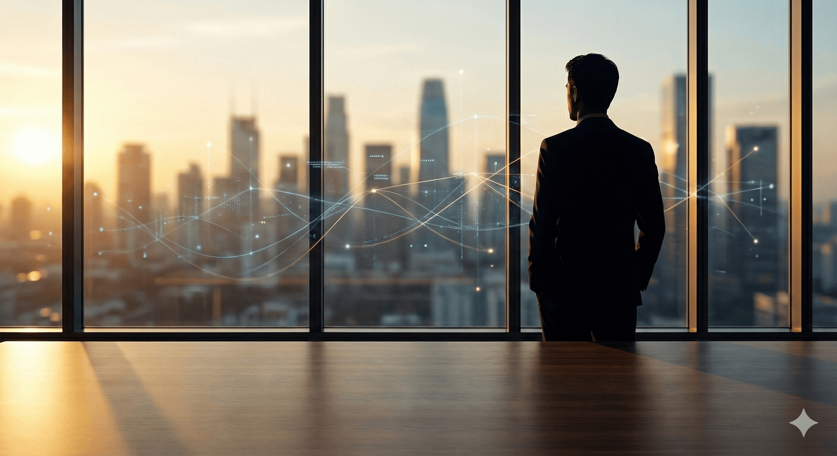 A silhouette of a businessperson in a suit stands in an office, gazing out at a city skyline at sunrise, with a futuristic data overlay illustrating digital connectivity.