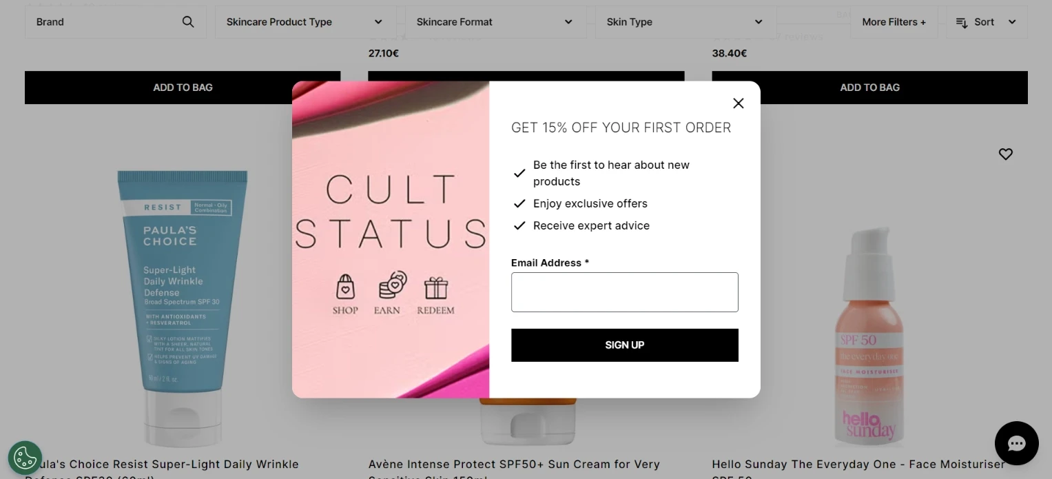 Cult Beauty email signup popup with benefit bullets and 15% discount