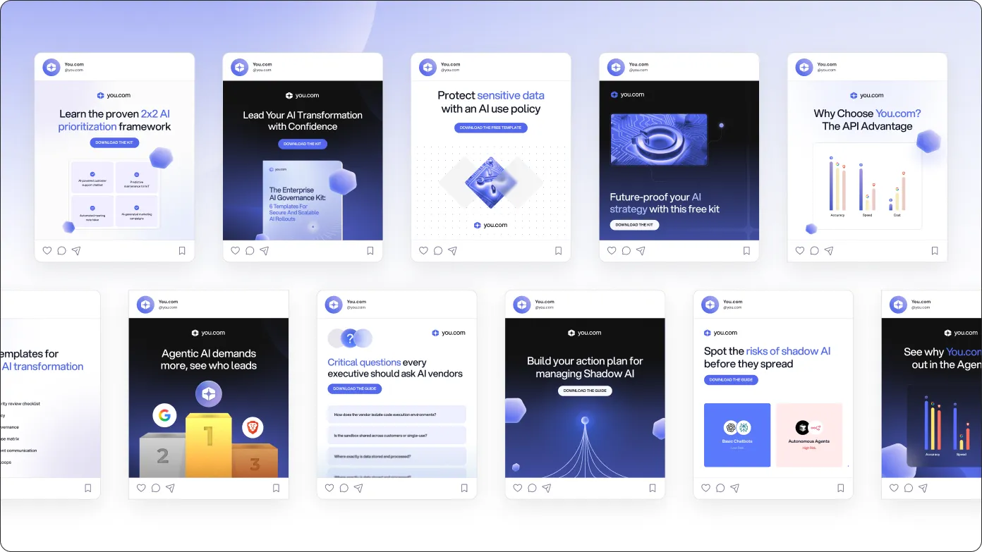 You.com social media campaign featuring AI governance content, rollout templates, and enterprise AI education.