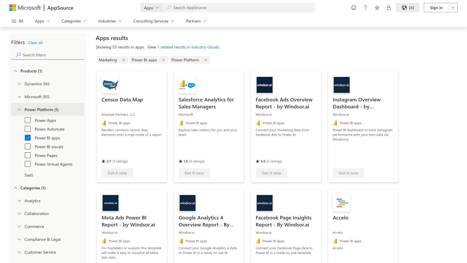Microsoft Marketplace, Power BI Marketing Templates & Apps