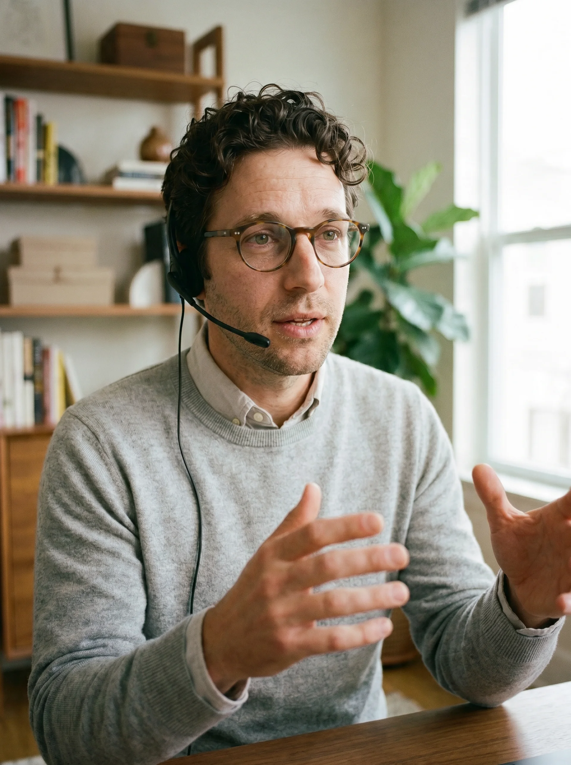 A man with curly hair and glasses is wearing a headset while gesturing with his hands in a bright, modern office, featuring a wooden bookshelf with books and decor, and a window letting in natural light.