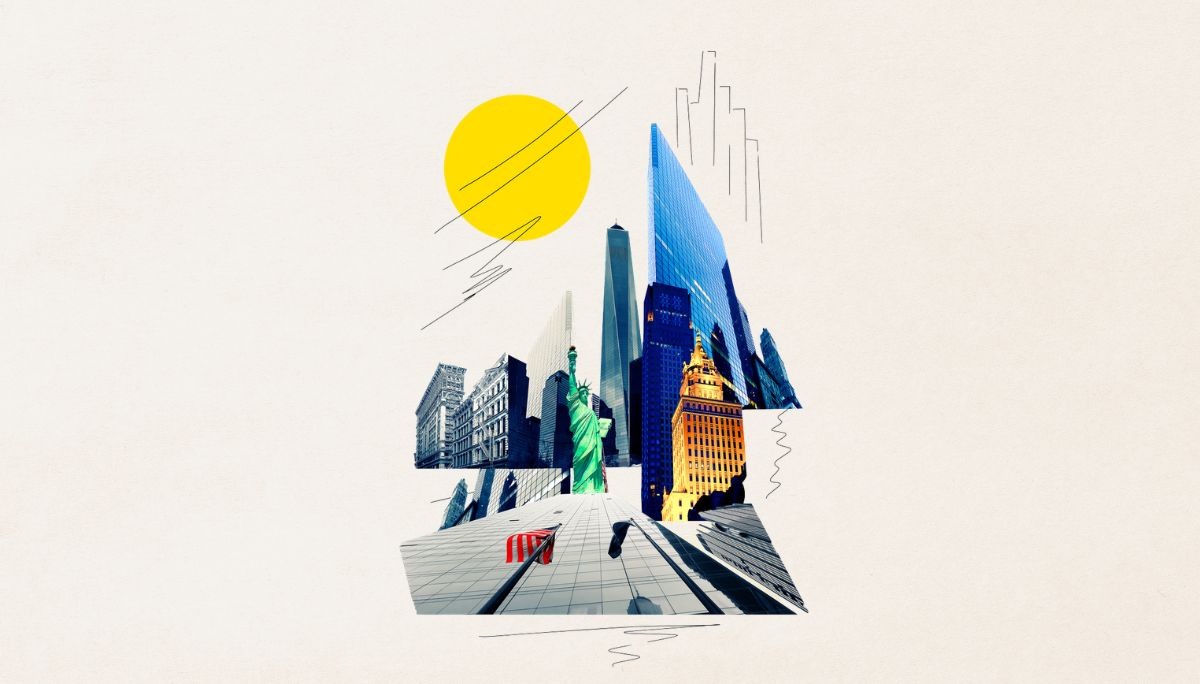 Stylized collage of New York City landmarks, including the Statue of Liberty and skyscrapers, symbolizing the NYC startup job market and hiring landscape.